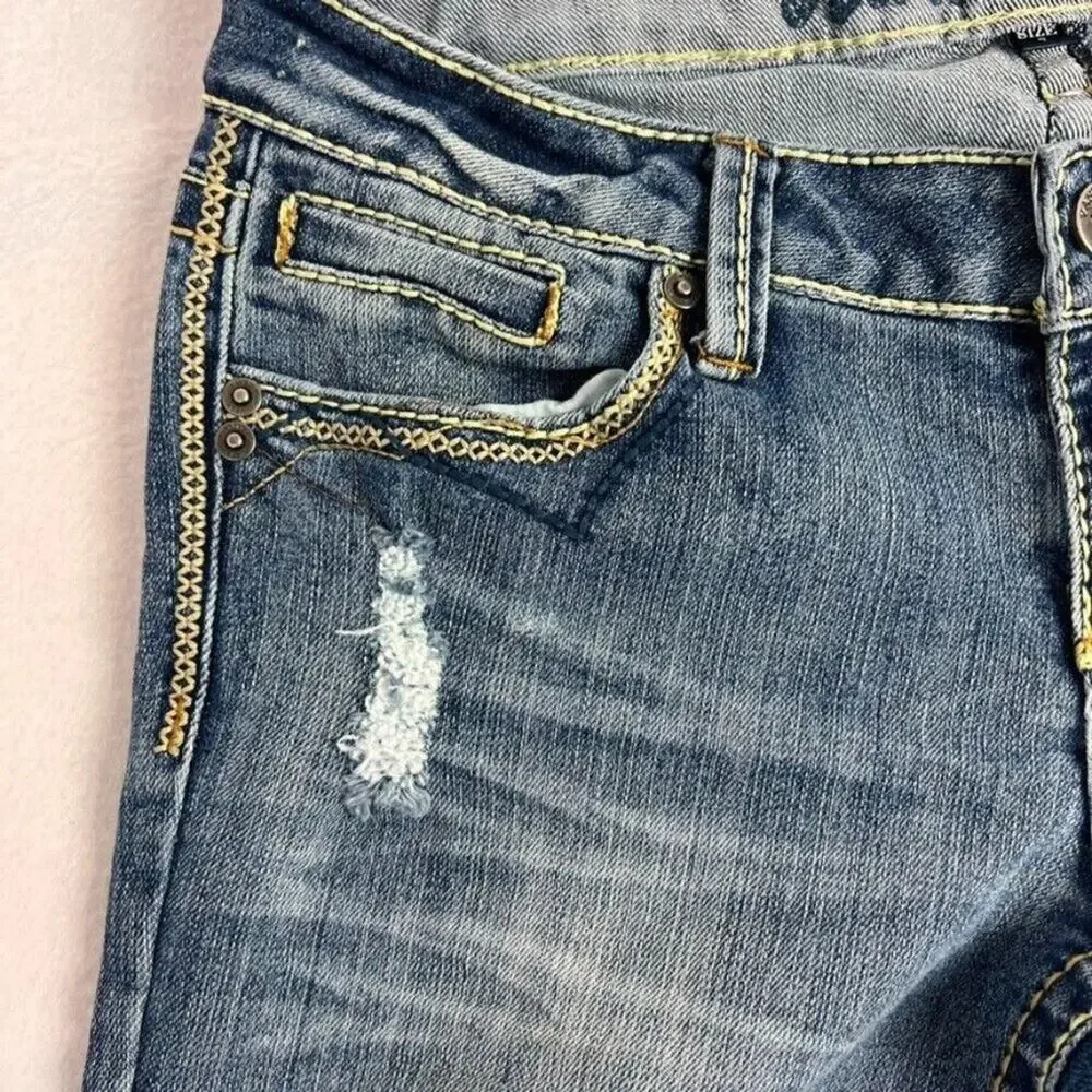 Vanilla Star Jeans Womens 7 Blue Denim Bootcut Embroidered Detail Distressed